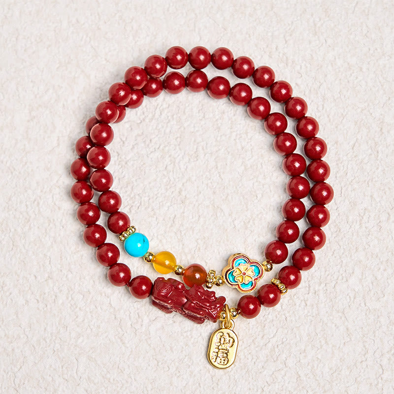 Pulsera de doble vuelta con bendición del personaje PiXiu Fu y Buddha Stones Cinabrio