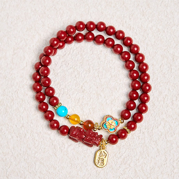 Pulsera de doble vuelta con bendición del personaje PiXiu Fu y Buddha Stones Cinabrio