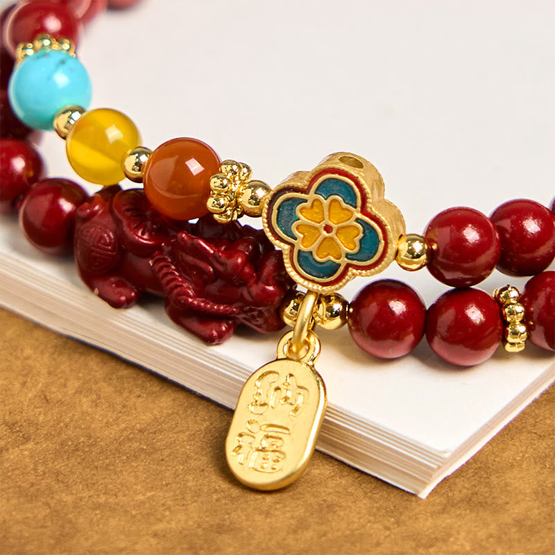 Pulsera de doble vuelta con bendición del personaje PiXiu Fu y Buddha Stones Cinabrio