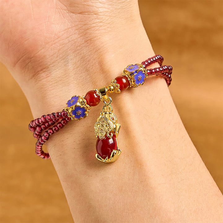 Pulsera multicapa de purificación con flor PiXiu y cuentas de granate natural de 3 mm de Buddha Stones
