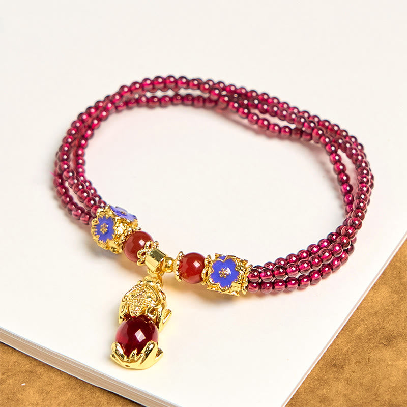 Pulsera multicapa de purificación con flor PiXiu y cuentas de granate natural de 3 mm de Buddha Stones