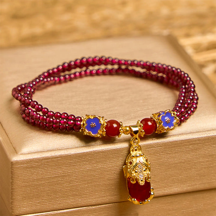 Pulsera multicapa de purificación con flor PiXiu y cuentas de granate natural de 3 mm de Buddha Stones