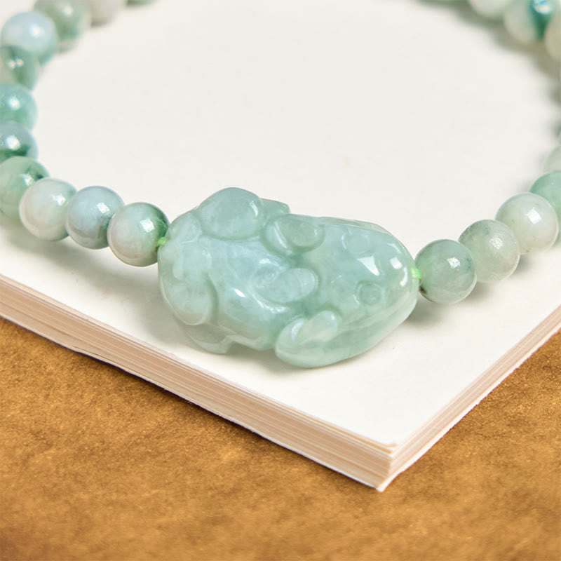 Pulsera de la suerte tallada con Pixiu de jade verde natural y Buddha Stones