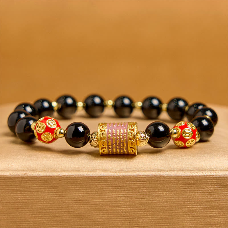Pulsera de la fortuna con monedas de cobre y cinco escrituras de ónix negro natural de Buddha Stones
