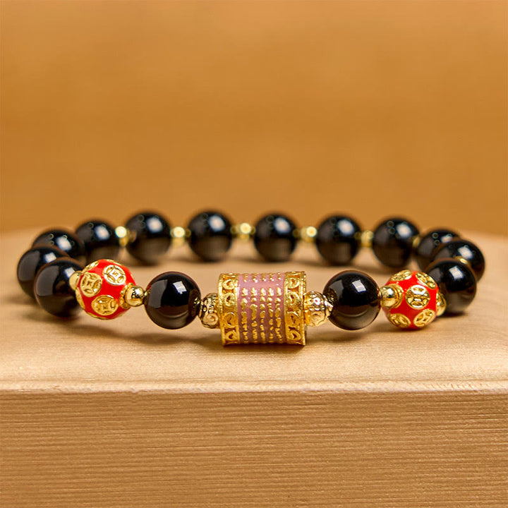 Pulsera de la fortuna con monedas de cobre y cinco escrituras de ónix negro natural de Buddha Stones