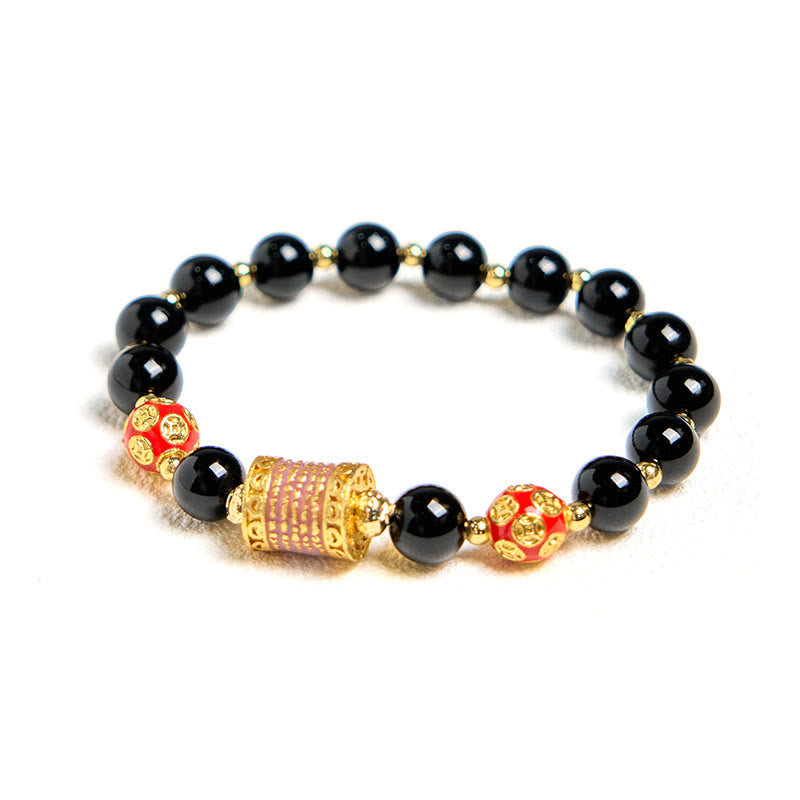 Pulsera de la fortuna con monedas de cobre y cinco escrituras de ónix negro natural de Buddha Stones