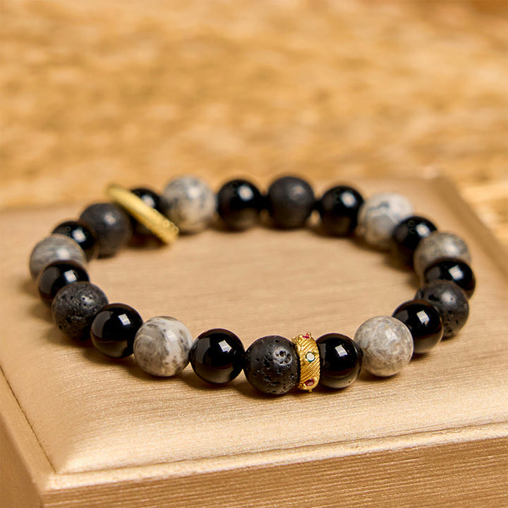 Pulsera curativa de jaspe Picasso con ónix negro y roca de lava de Buddha Stones