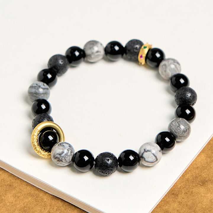 Pulsera curativa de jaspe Picasso con ónix negro y roca de lava de Buddha Stones