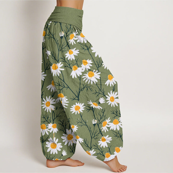 Pantalones bombachos de cintura elástica para mujer con estampado de margaritas y pétalos blancos de algodón con Buddha Stones - image 2