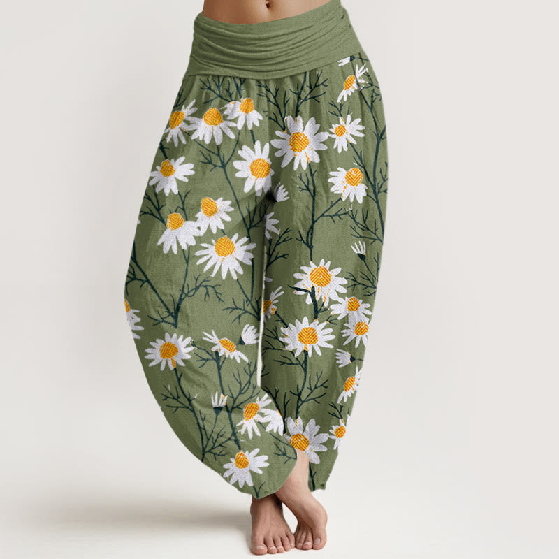 Pantalones bombachos de cintura elástica para mujer con estampado de margaritas y pétalos blancos de algodón con Buddha Stones - Verde lima - US22，UK/AU26，EU54 (6XL) - image 0