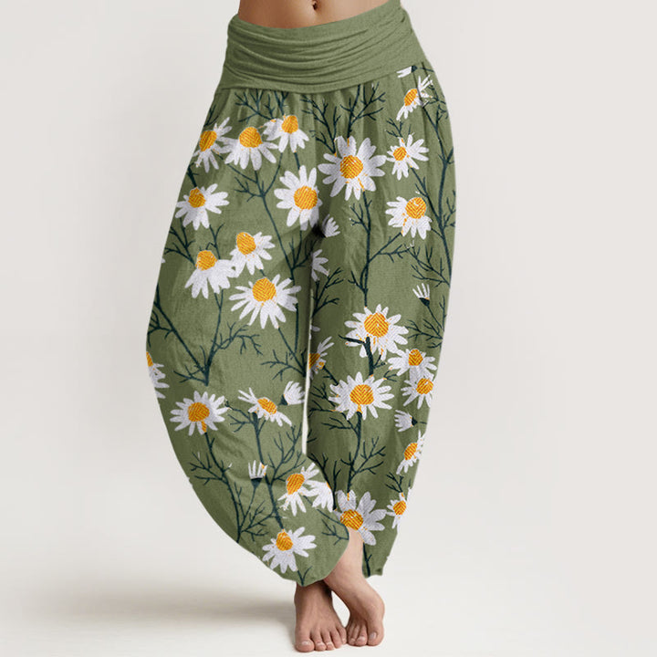 Pantalones bombachos de cintura elástica para mujer con estampado de margaritas y pétalos blancos de algodón con Buddha Stones - Verde lima - US22，UK/AU26，EU54 (6XL) - image 0