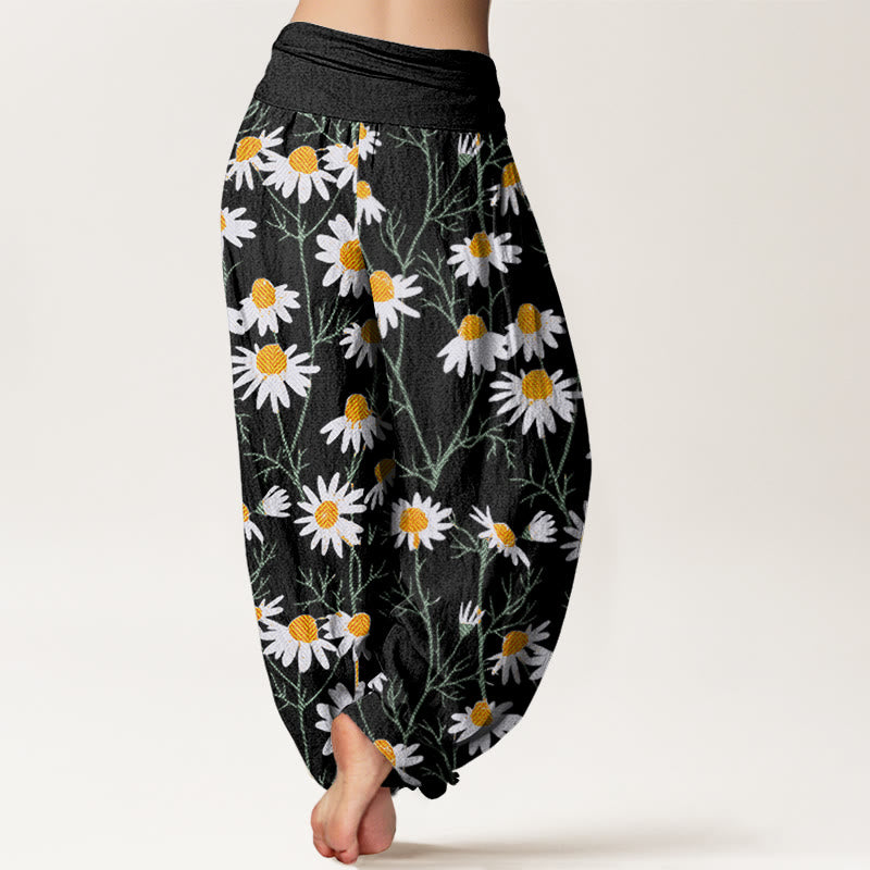 Pantalones bombachos de cintura elástica para mujer con estampado de margaritas y pétalos blancos de algodón con Buddha Stones - image 5