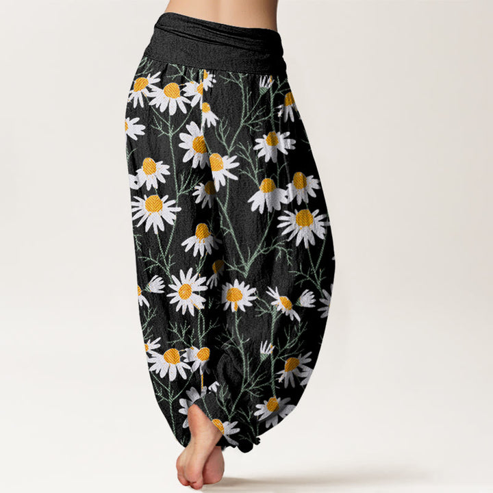 Pantalones bombachos de cintura elástica para mujer con estampado de margaritas y pétalos blancos de algodón con Buddha Stones - image 5