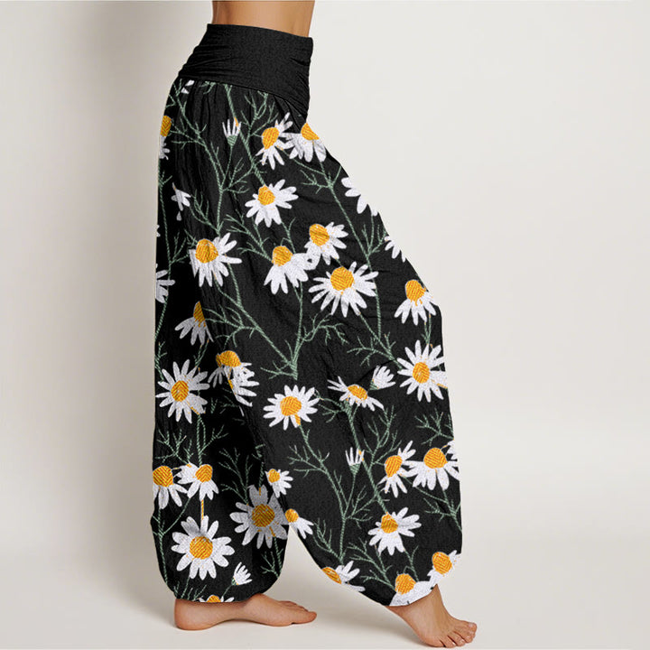 Pantalones bombachos de cintura elástica para mujer con estampado de margaritas y pétalos blancos de algodón con Buddha Stones - image 6