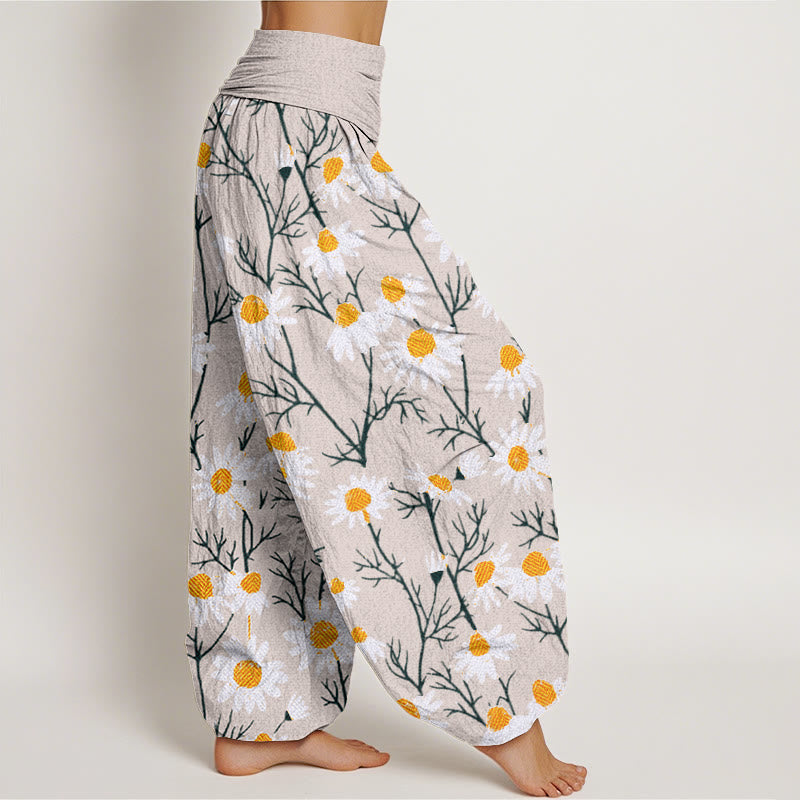 Pantalones bombachos de cintura elástica para mujer con estampado de margaritas y pétalos blancos de algodón con Buddha Stones - image 9