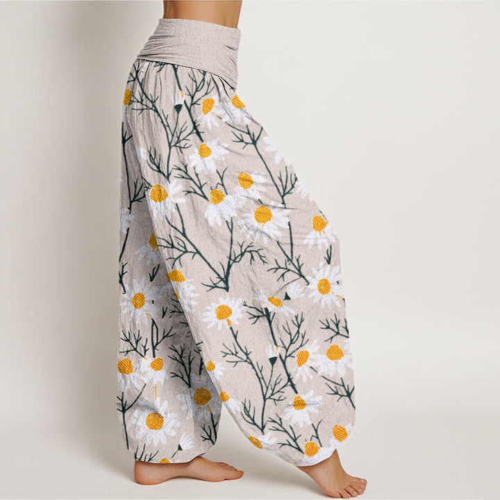Pantalones bombachos de cintura elástica para mujer con estampado de margaritas y pétalos blancos de algodón con Buddha Stones - image 9