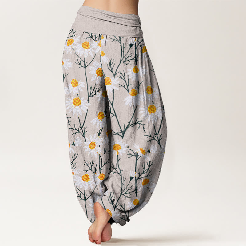 Pantalones bombachos de cintura elástica para mujer con estampado de margaritas y pétalos blancos de algodón con Buddha Stones - image 8