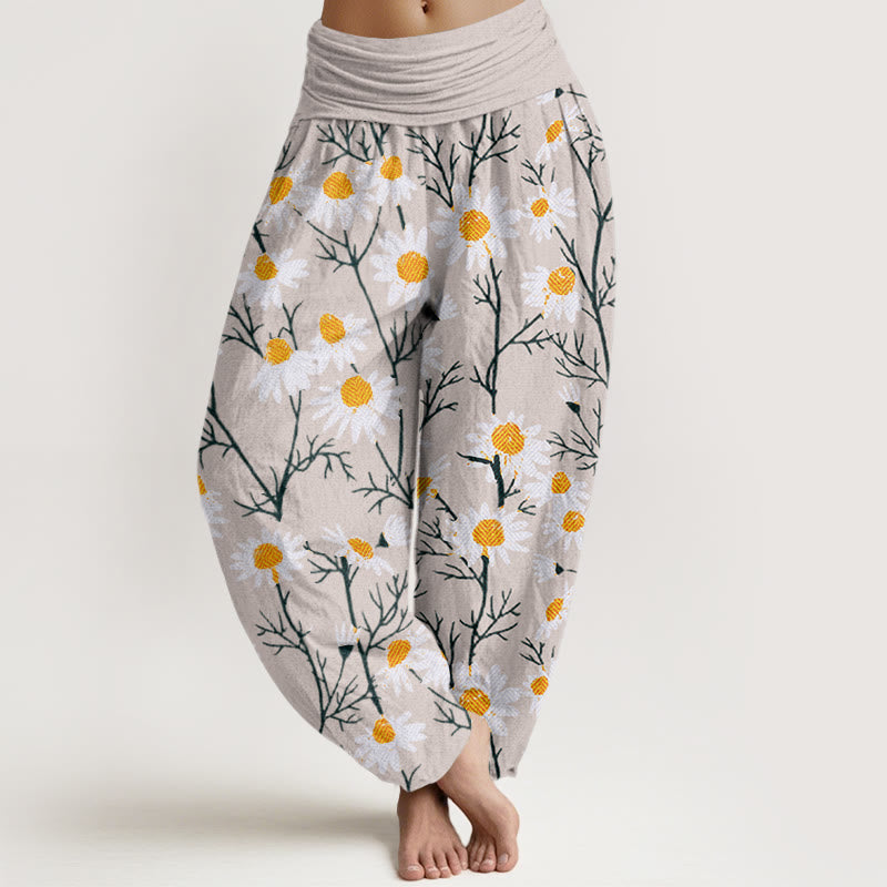 Pantalones bombachos de cintura elástica para mujer con estampado de margaritas y pétalos blancos de algodón con Buddha Stones - Beige - US22，UK/AU26，EU54 (6XL) - image 7