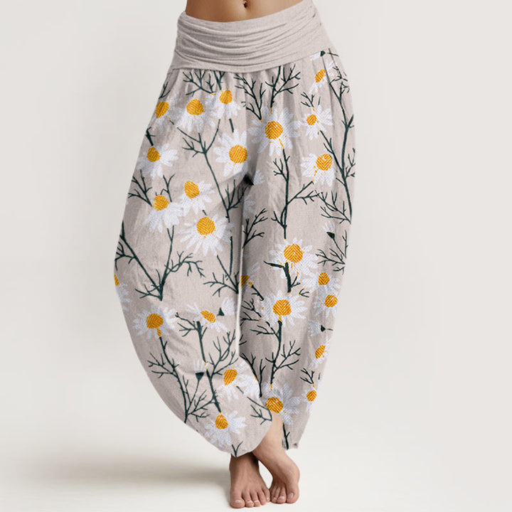 Pantalones bombachos de cintura elástica para mujer con estampado de margaritas y pétalos blancos de algodón con Buddha Stones - Beige - US22，UK/AU26，EU54 (6XL) - image 7