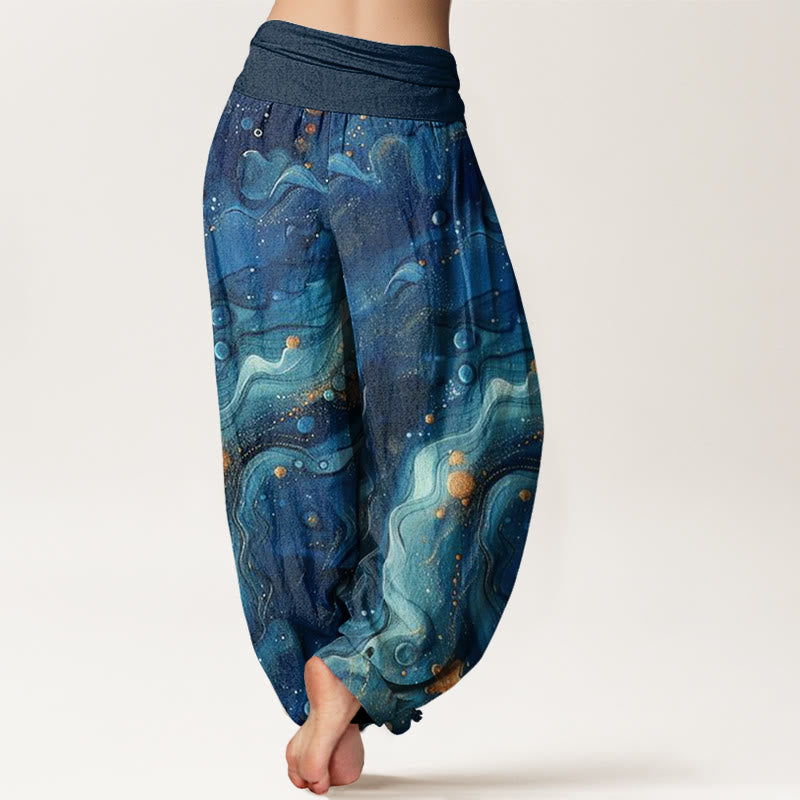 Pantalones bombachos de cintura elástica para mujer con estampado de estrellas doradas y Buddha Stones en algodón. - image 1