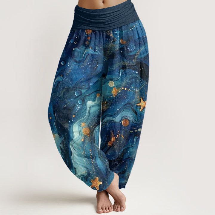 Pantalones bombachos de cintura elástica para mujer con estampado de estrellas doradas y Buddha Stones en algodón. - Azul oscuro - US22，UK/AU26，EU54 (6XL) - image 0