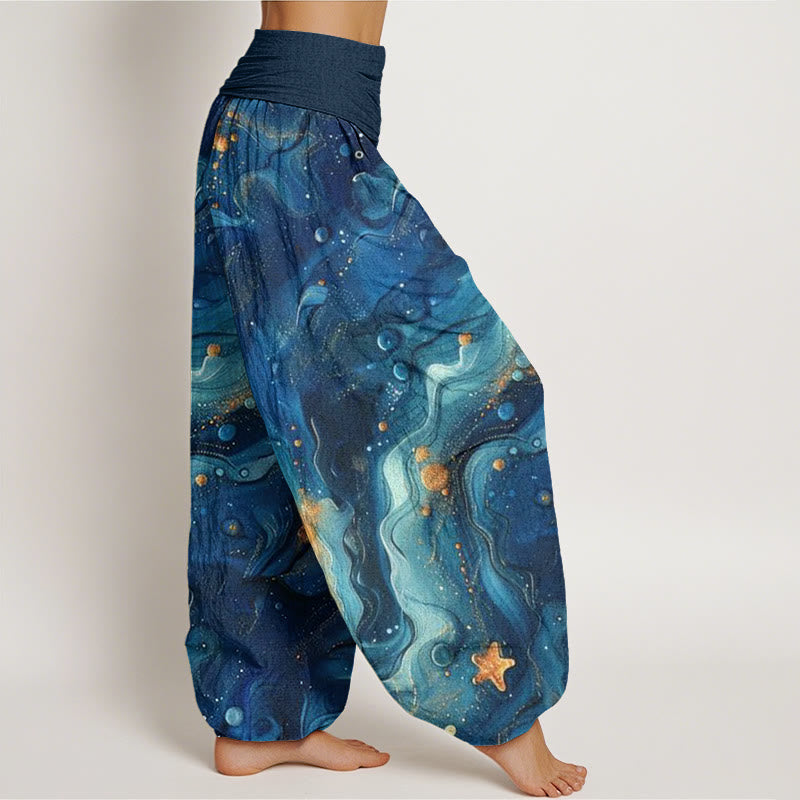 Pantalones bombachos de cintura elástica para mujer con estampado de estrellas doradas y Buddha Stones en algodón. - image 2