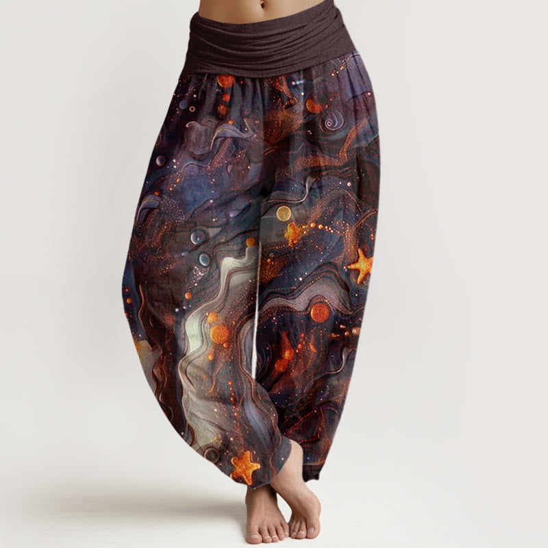 Pantalones bombachos de cintura elástica para mujer con estampado de estrellas doradas y Buddha Stones en algodón. - Marrón silla de montar - US22，UK/AU26，EU54 (6XL) - image 4