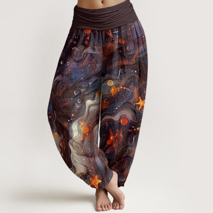 Pantalones bombachos de cintura elástica para mujer con estampado de estrellas doradas y Buddha Stones en algodón. - Marrón silla de montar - US22，UK/AU26，EU54 (6XL) - image 4