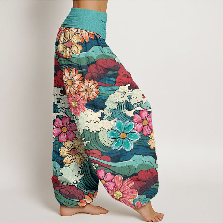 Pantalones bombachos de cintura elástica para mujer, de algodón con estampado de olas oceánicas coloridas y diversos motivos florales, con Buddha Stones. - image 2