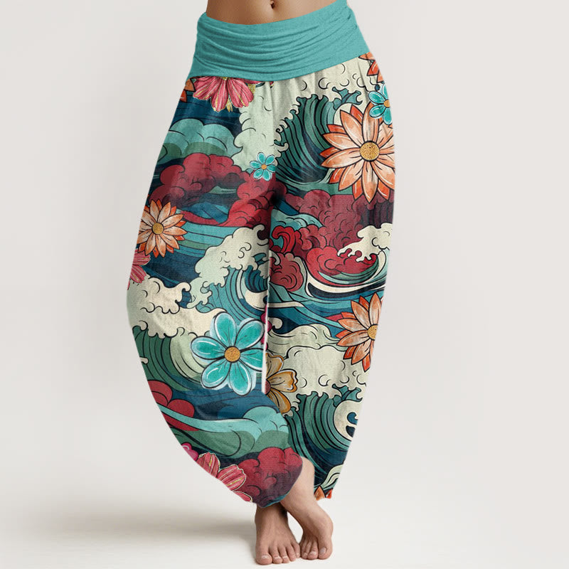 Pantalones bombachos de cintura elástica para mujer, de algodón con estampado de olas oceánicas coloridas y diversos motivos florales, con Buddha Stones. - Turquesa medio - US22，UK/AU26，EU54 (6XL) - image 0
