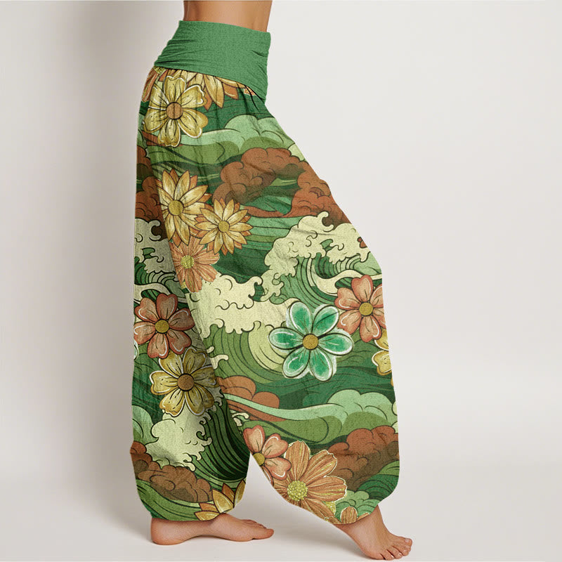 Pantalones bombachos de cintura elástica para mujer, de algodón con estampado de olas oceánicas coloridas y diversos motivos florales, con Buddha Stones. - image 6