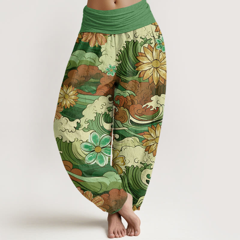 Pantalones bombachos de cintura elástica para mujer, de algodón con estampado de olas oceánicas coloridas y diversos motivos florales, con Buddha Stones. - Verde - US22，UK/AU26，EU54 (6XL) - image 4