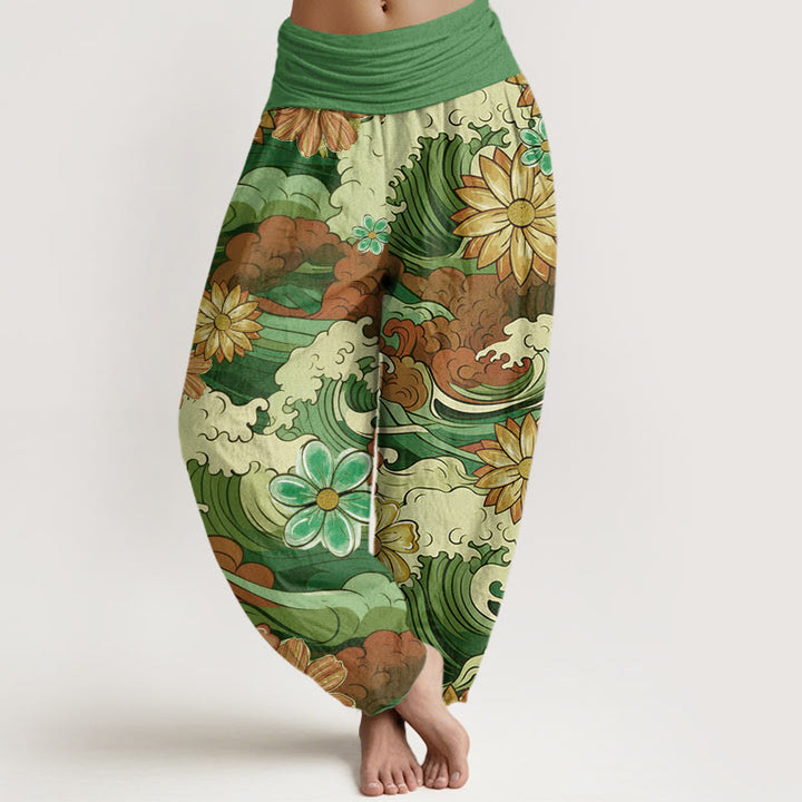 Pantalones bombachos de cintura elástica para mujer, de algodón con estampado de olas oceánicas coloridas y diversos motivos florales, con Buddha Stones. - Verde - US22，UK/AU26，EU54 (6XL) - image 4