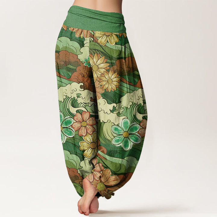 Pantalones bombachos de cintura elástica para mujer, de algodón con estampado de olas oceánicas coloridas y diversos motivos florales, con Buddha Stones. - image 5