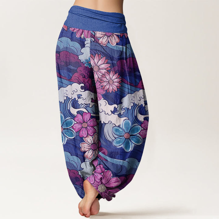 Pantalones bombachos de cintura elástica para mujer, de algodón con estampado de olas oceánicas coloridas y diversos motivos florales, con Buddha Stones. - image 8
