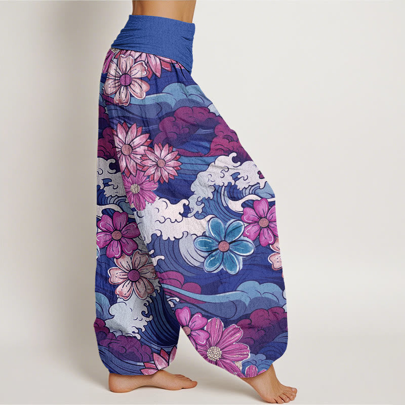 Pantalones bombachos de cintura elástica para mujer, de algodón con estampado de olas oceánicas coloridas y diversos motivos florales, con Buddha Stones. - image 9