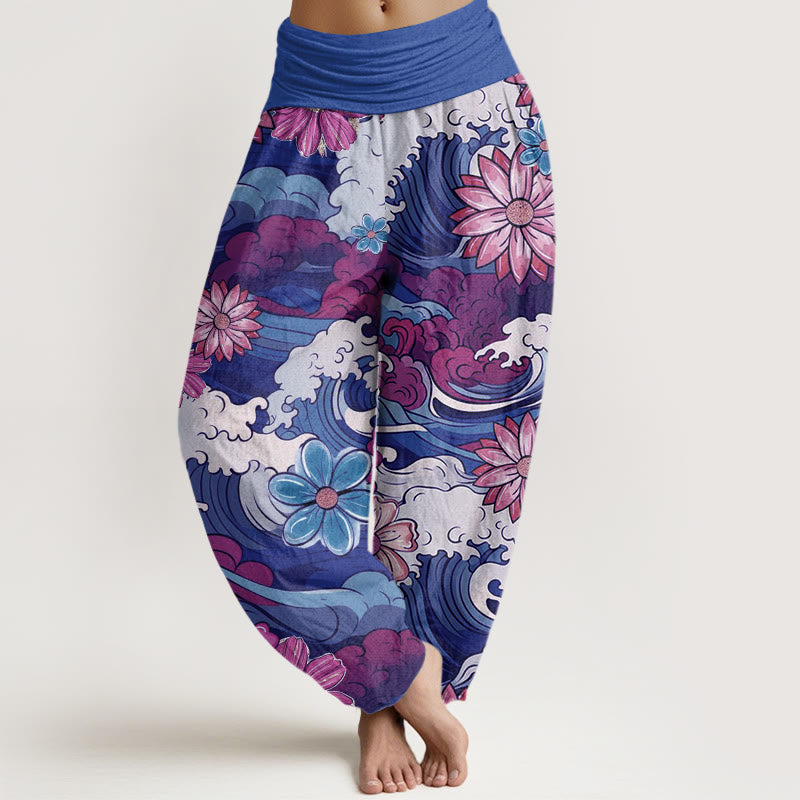 Pantalones bombachos de cintura elástica para mujer, de algodón con estampado de olas oceánicas coloridas y diversos motivos florales, con Buddha Stones. - Azul pizarra - US22，UK/AU26，EU54 (6XL) - image 7