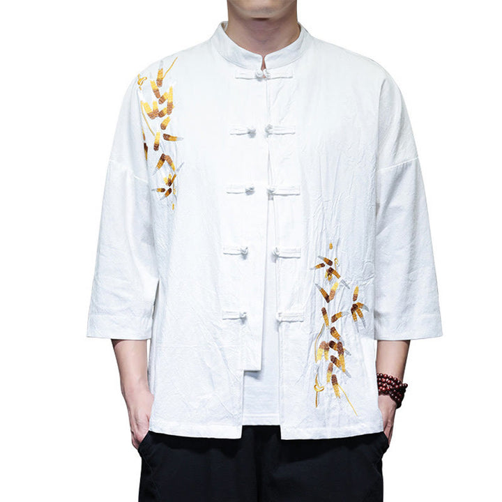 Camisa china de manga tres cuartos con botones de rana y bordado de Buddha Stones para hombre - image 20