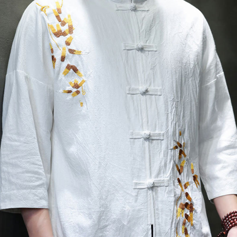 Camisa china de manga tres cuartos con botones de rana y bordado de Buddha Stones para hombre - image 16