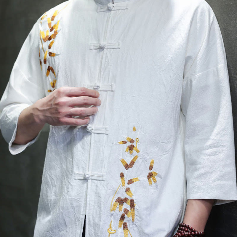 Camisa china de manga tres cuartos con botones de rana y bordado de Buddha Stones para hombre - image 15