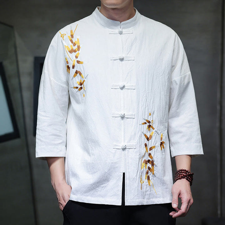 Camisa china de manga tres cuartos con botones de rana y bordado de Buddha Stones para hombre - image 10