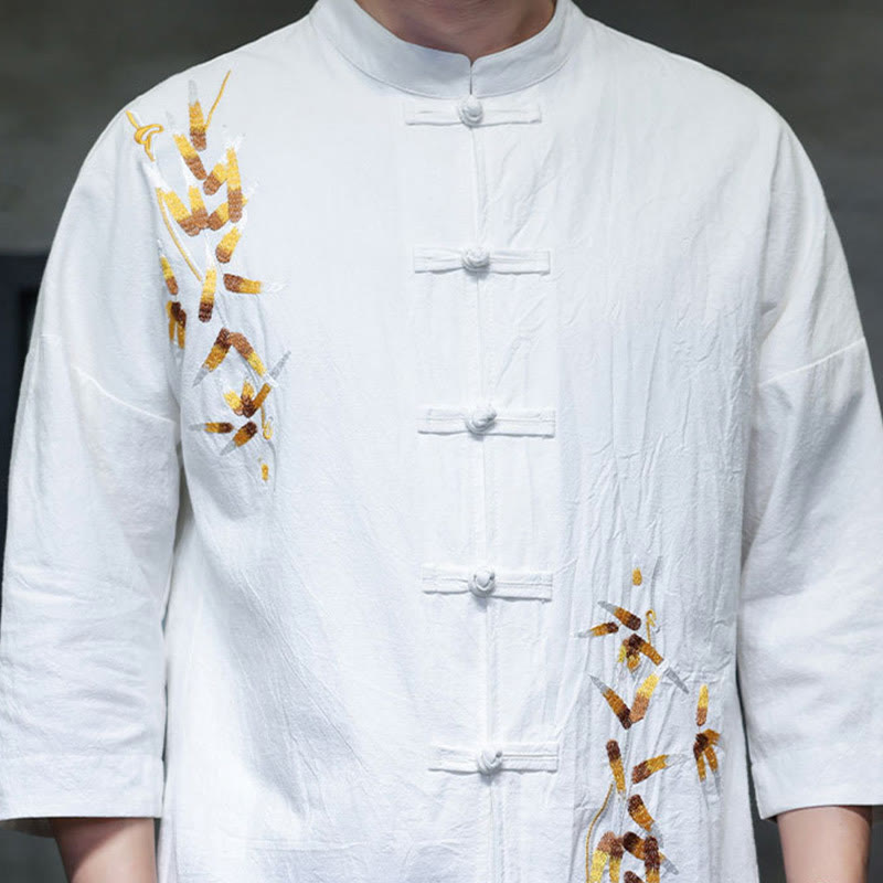 Camisa china de manga tres cuartos con botones de rana y bordado de Buddha Stones para hombre - image 11