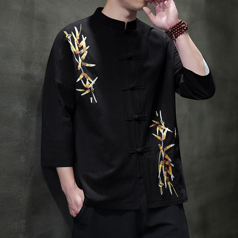 Camisa china de manga tres cuartos con botones de rana y bordado de Buddha Stones para hombre - image 1