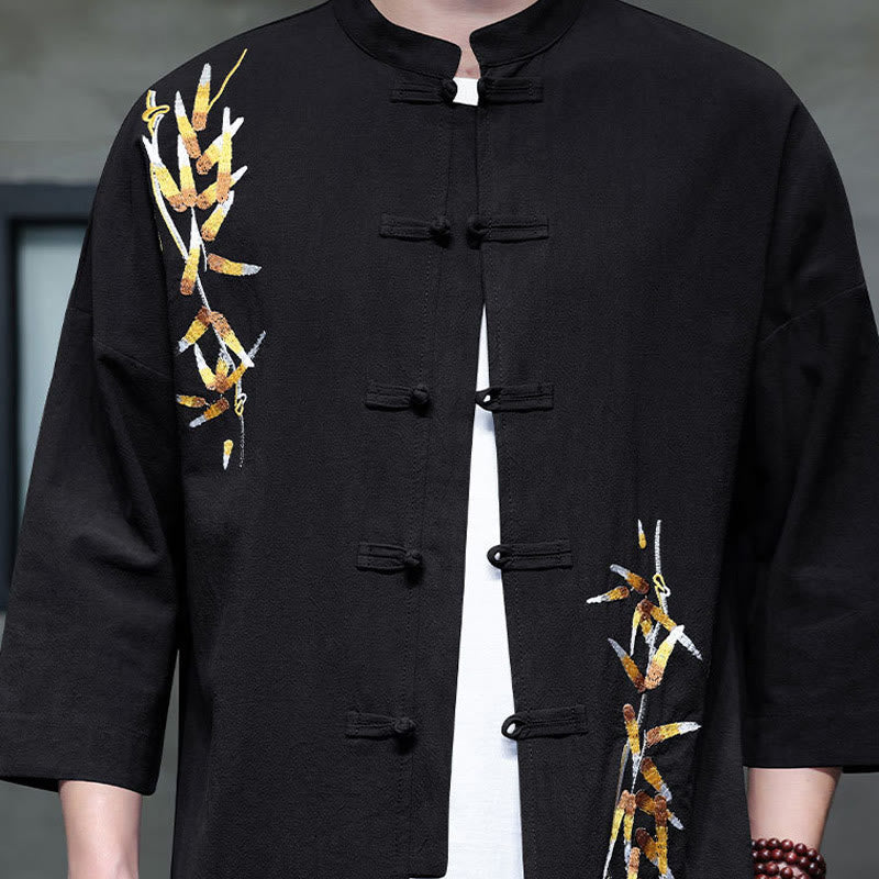 Camisa china de manga tres cuartos con botones de rana y bordado de Buddha Stones para hombre - image 2