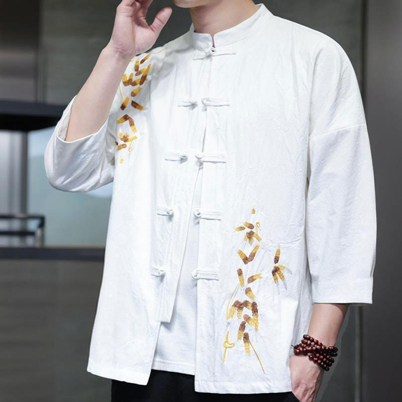 Camisa china de manga tres cuartos con botones de rana y bordado de Buddha Stones para hombre - image 7
