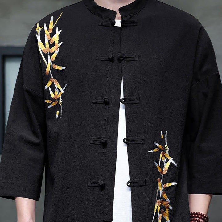 Camisa china de manga tres cuartos con botones de rana y bordado de Buddha Stones para hombre