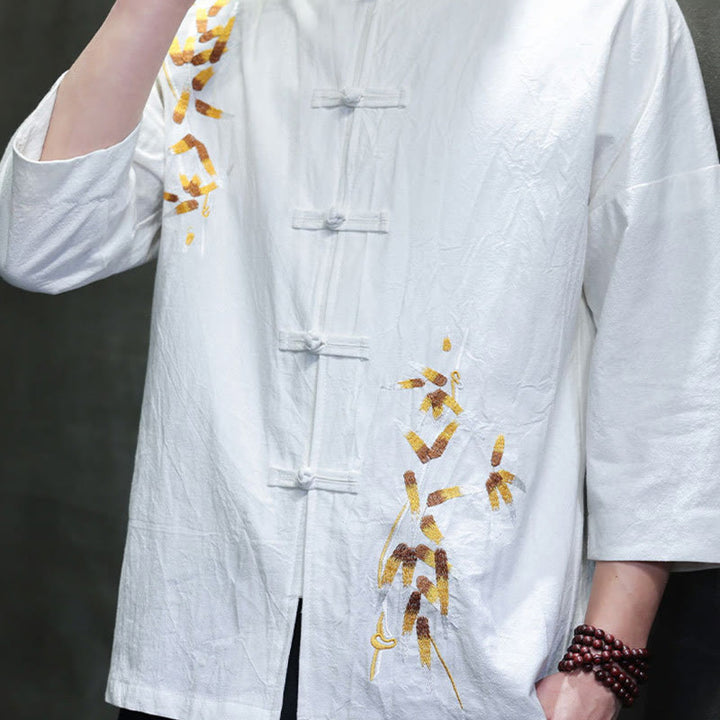 Camisa china de manga tres cuartos con botones de rana y bordado de Buddha Stones para hombre - image 14