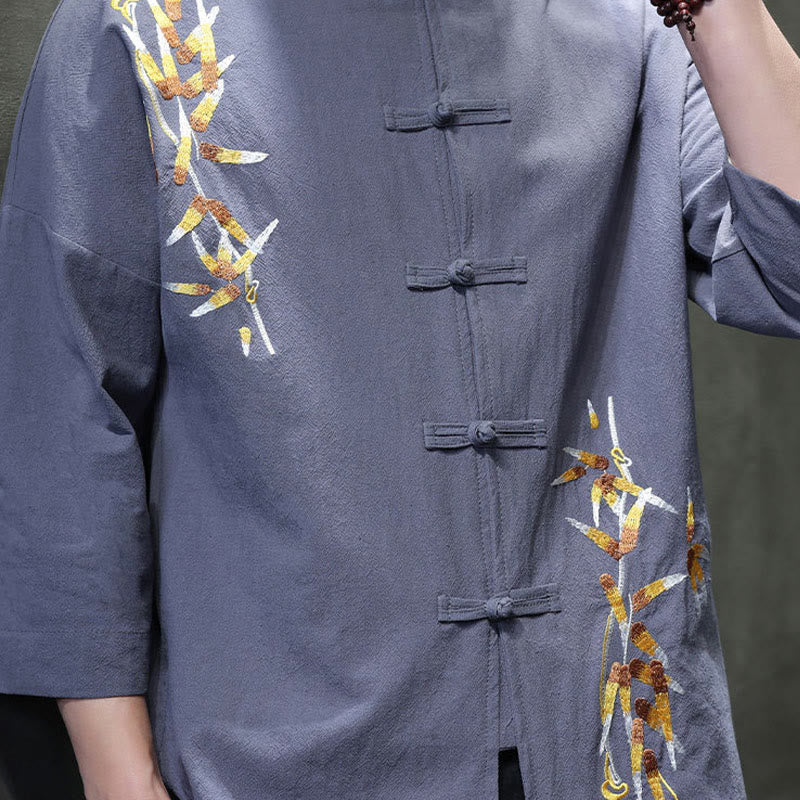 Camisa china de manga tres cuartos con botones de rana y bordado de Buddha Stones para hombre - image 26