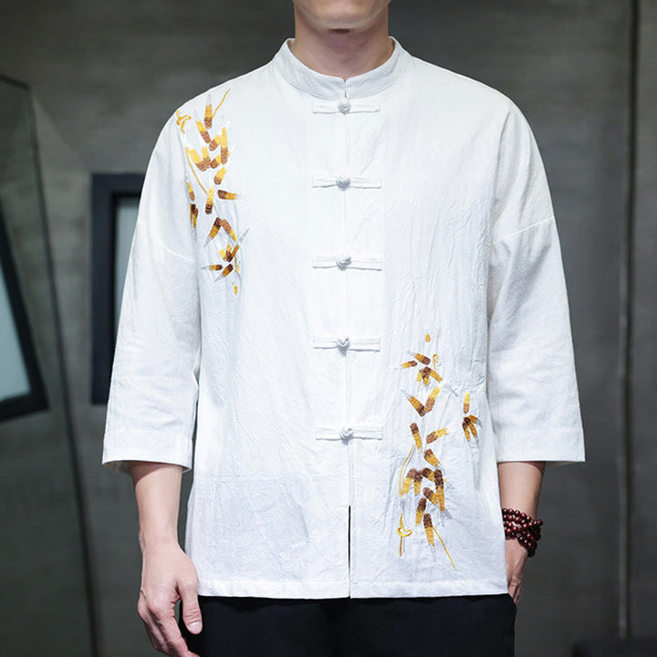 Camisa china de manga tres cuartos con botones de rana y bordado de Buddha Stones para hombre - image 9