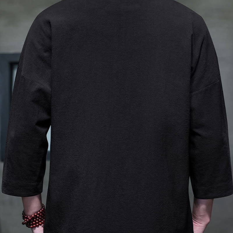 Camisa china de manga tres cuartos con botones de rana y bordado de Buddha Stones para hombre - image 3